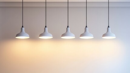 A series of pendant lights hanging from a white ceiling, with a neutral-colored wall providing lots of copy space.