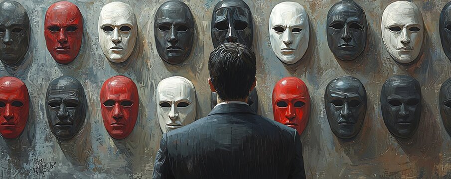 Surreal concept illustration a businessman choosing different masks to wear, exploring themes identity and disguise in a corporate world.