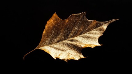 Fototapeta premium Golden autumn leaf against black background capturing seasonal elegance