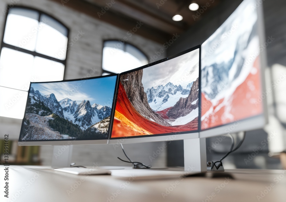 Poster hybrid workspace evolution immersive multi-screen productivity hub with panoramic landscape displays