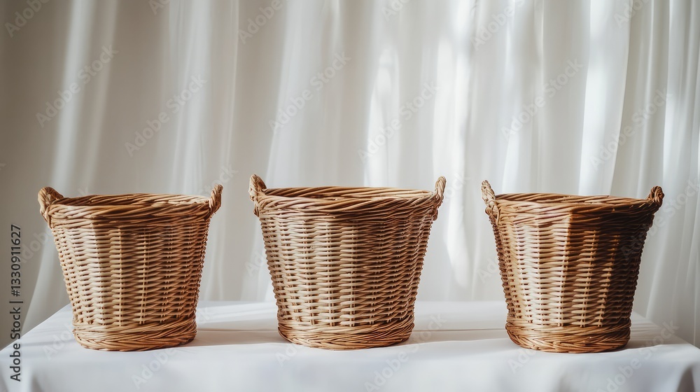 Poster a set of three woven wicker baskets on a white table with a soft backdrop, perfect for adding text o