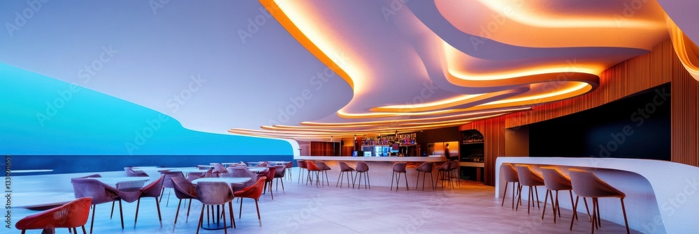 Poster immersive digital hospitality futuristic cafe design with fluid lighting and interactive architectur