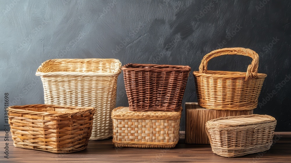 Poster a set of wicker baskets in different shapes and sizes on a wooden table, with ample background space