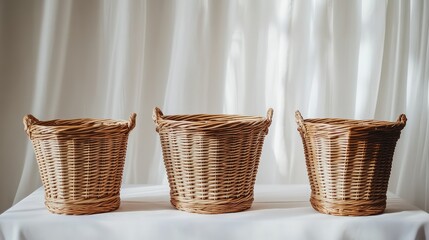 A set of three woven wicker baskets on a white table with a soft backdrop, perfect for adding text or logos.