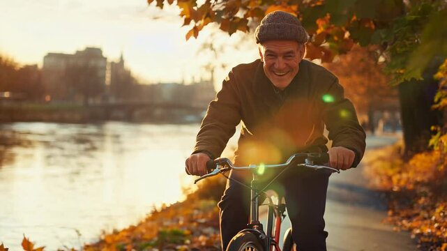 A cheerful senior man rides his bicycle along a scenic riverside path on a crisp autumn afternoon. The warm golden sunlight enhances the serene atmosphere, capturing the essence of joy, freedom