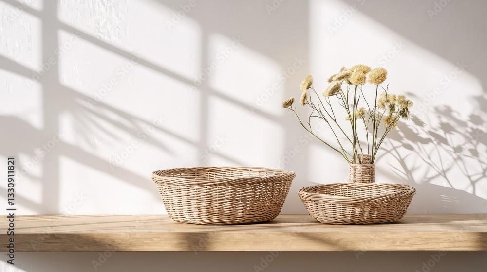 Poster a set of wicker storage baskets on a light-colored wooden shelf, surrounded by a minimalist backgrou
