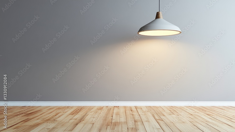 Poster a single minimalist pendant light illuminating an empty room with ample space around it for copy or 