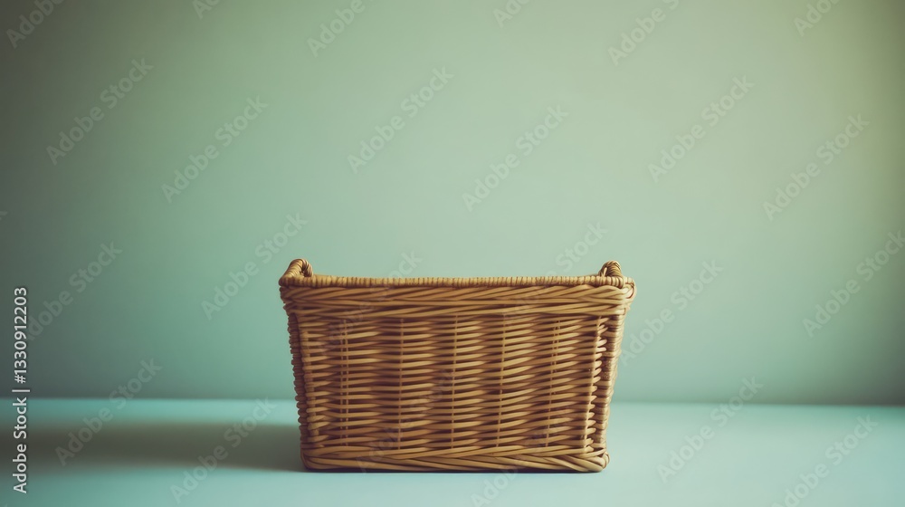 Poster a single wicker storage basket on a clean, soft surface with plenty of room in the background for co