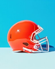 Fototapeta premium Pop Culture Sports Iconography Vibrant Minimal Football Helmet Design in Bold Orange - Retro Athletic Branding and Modern Visual Communication Concept