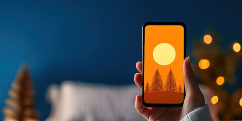 Digital Wellness Minimalism Serene Sleep Tech Visualization with Sunset Forest Graphic - Mindful Mobile Experience for Modern Wellness Optimization