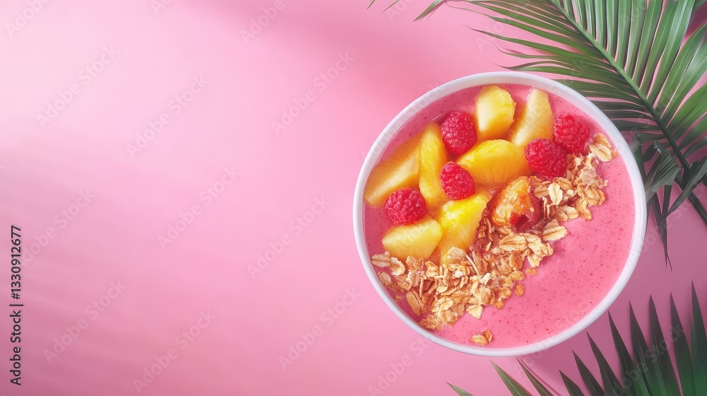 Poster a smoothie bowl with a vibrant topping of sliced fruit, with plenty of empty space around it for tex
