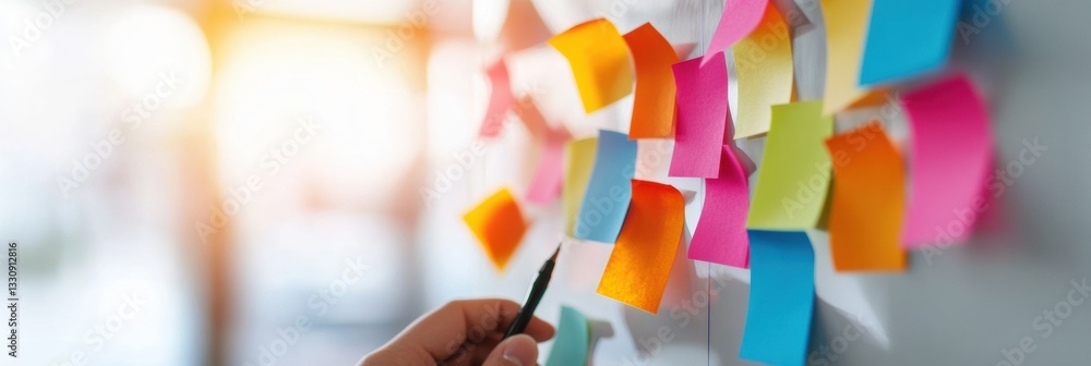Poster Agile Workflow Visualization Multicultural Gen Z Professional Organizing Dynamic Color-Coded Tasks on Transparent Surface for Hybrid Collaborative Innovation