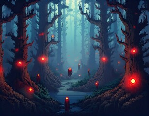 Obraz premium Enchanted forest path illuminated by glowing orbs and ethereal figures