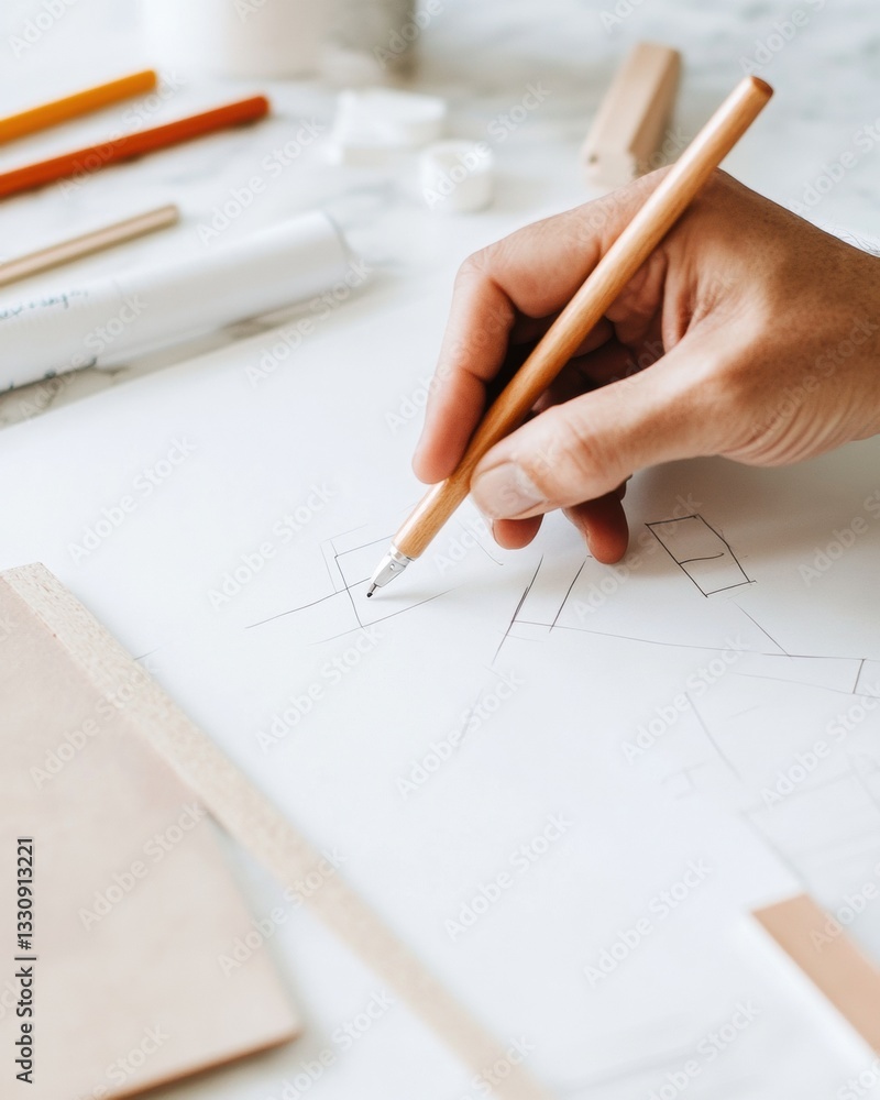 Aufkleber Minimalist Design Precision Architectural Sketching in Soft Neutral Palette - Creative Professional Workflow for Urban Planning and Innovative Space Development