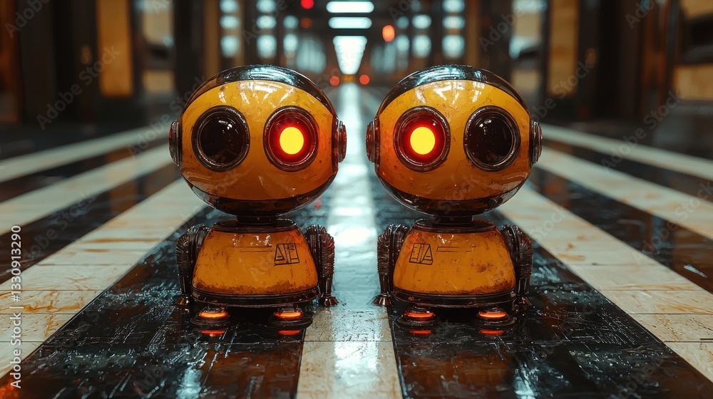 Poster two cute rusty yellow robots facing forward in a futuristic corridor.