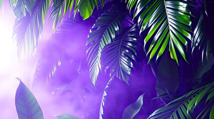 a foggy overlay on a long exposure photo of verdant tropical foliage. Lens glow, a vast scale, heroic components, vibrant purples, and dramatic contrasts characterize this epic, future landscape.