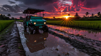 Fototapeta premium Green Vehicle Stands on Muddy Pathway Through Rice Field at Colorful Dramatic Sunset