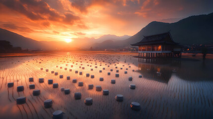 Japanese Rural Scenery Featuring Rice Paddy Reflections at Sunset with Traditional House and Distant Mountains in Warm Hues Under a Cloudy Sky
