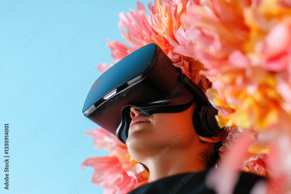 Poster immersive xr wellness next-gen virtual reality exploring sensory boundaries with aesthetic floral fu