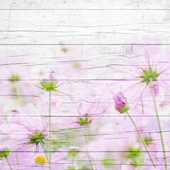 Fototapeta premium Light wooden background with soft pink and green wildflowers in pastel tones. Rustic floral design ideal for wedding invitations, greeting cards, branding, social media, and spring templates.