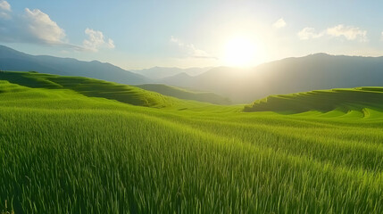 Lush Green Grassy Field and Rolling Hills Landscape Under Bright Sunlight with Blue Sky Pixelated Style
