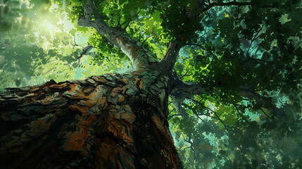 Fototapeta premium Towering ancient tree with lush green foliage viewed from below in a dense forest