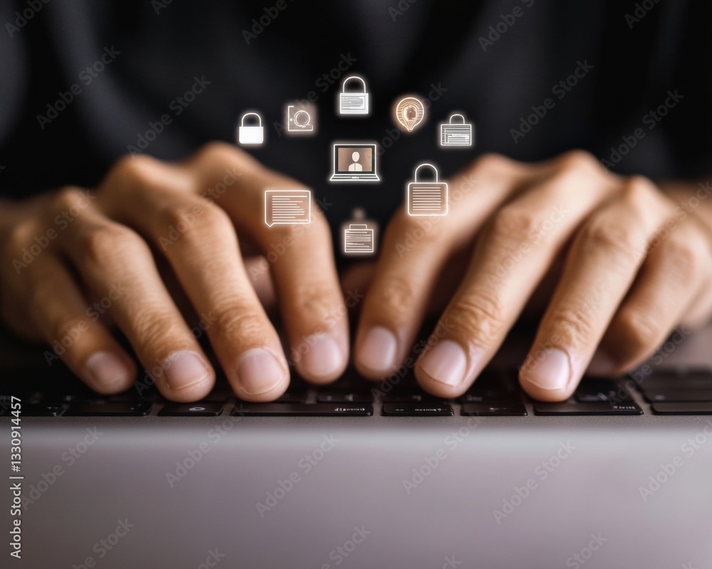 Poster Cybersecurity in Action Minimalist Digital Defense Visualization with Holographic Data Protection Icons for Modern Workplace Resilience
