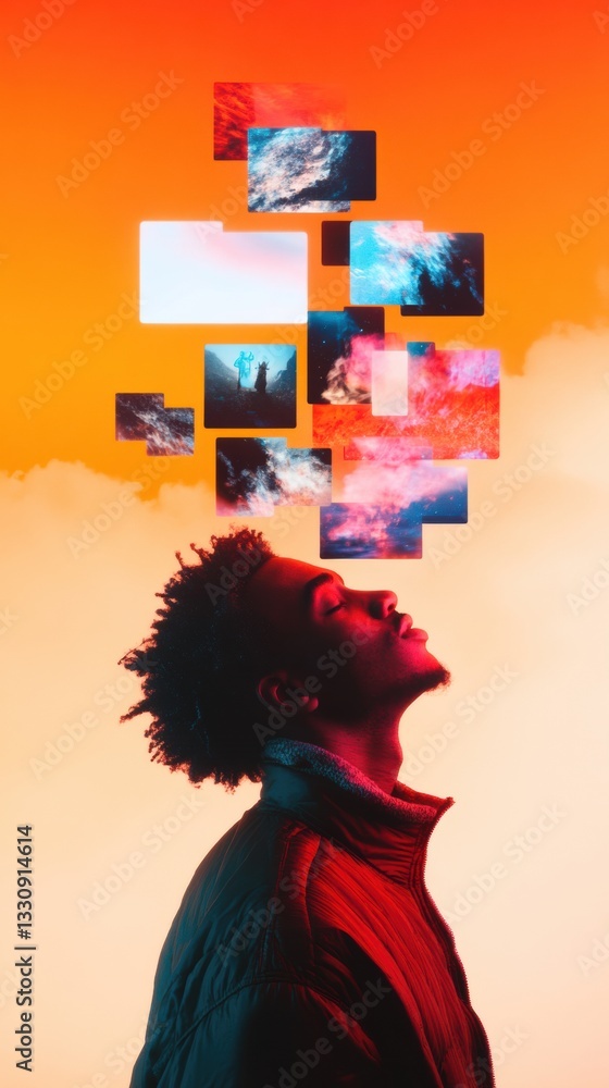 Poster immersive digital mindscape gen z creative explores augmented reality consciousness with vibrant emo