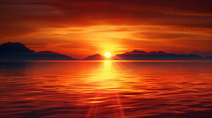 Breathtaking fiery red sunset reflecting on calm ocean waters with dramatic clouds