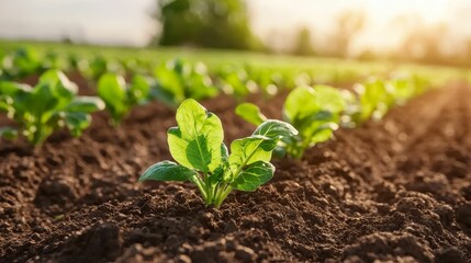 A close-up view of vibrant green seedlings emerging from rich soil, bathed in warm sunlight, showcasing growth and renewal in a cultivated field.