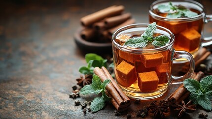 Iced tea with cinnamon, mint, and sugar cubes.