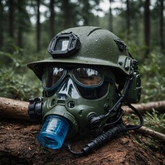 A survivalist's helmet equipped with water purification and emergency tools.