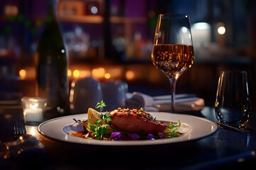 Exquisite salmon dish and wine pairing in an elegant restaurant setting
