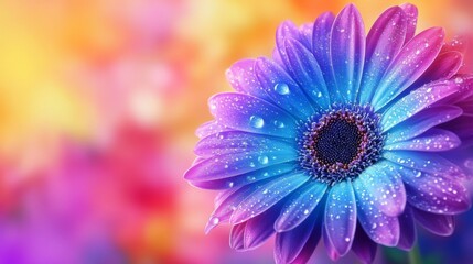 Obraz premium Vibrant floral display with colorful water droplets on petals for spring design inspiration