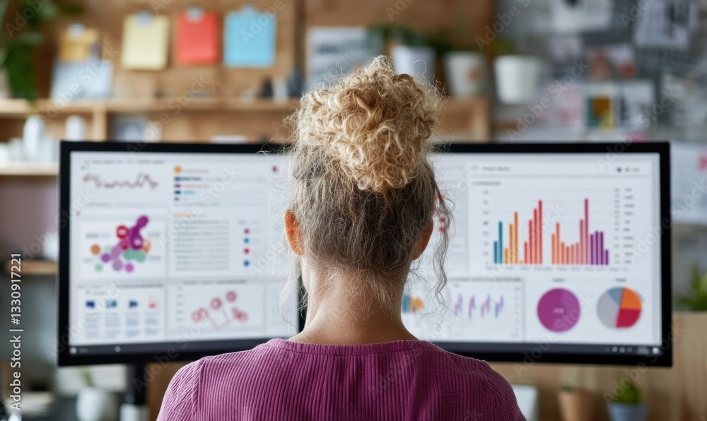 Poster Hybrid Workspace Analytics Gen Z Data Scientist Visualizing AI-Powered Performance Metrics on Dual Monitors - Modern Remote Work Productivity Insights