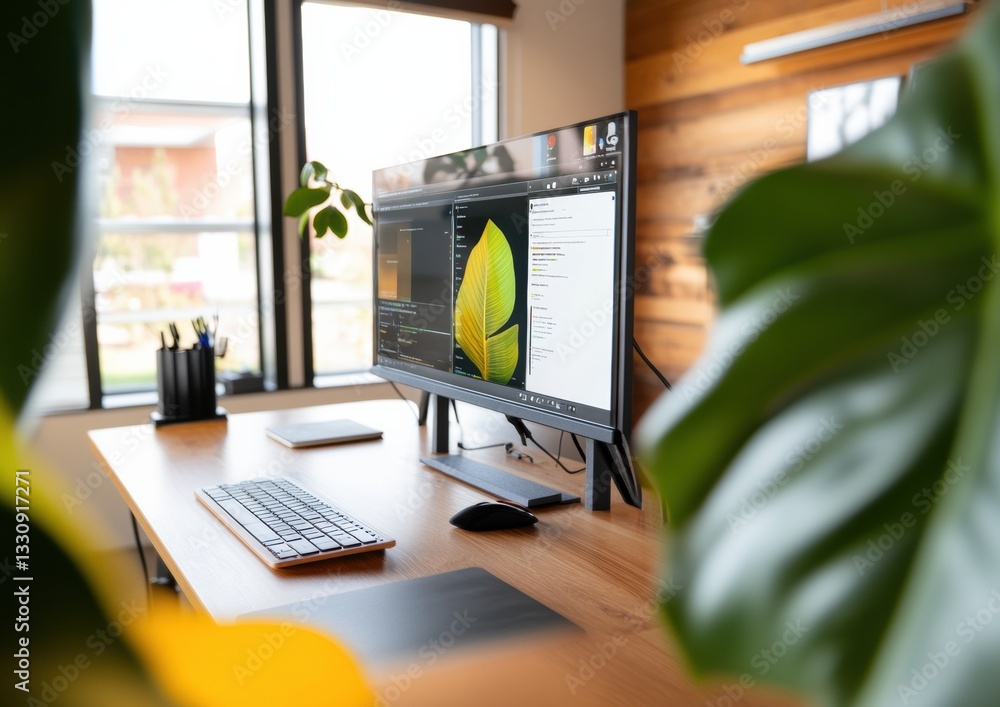 Poster minimalist remote work sanctuary high-performance digital workspace with biophilic design, ergonomic