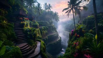 Lush Green Rice Terraces in Bali Indonesia Featuring Tiered Fields Palm Trees and Misty Sunlight in a Southeast Asian Tropical Landscape