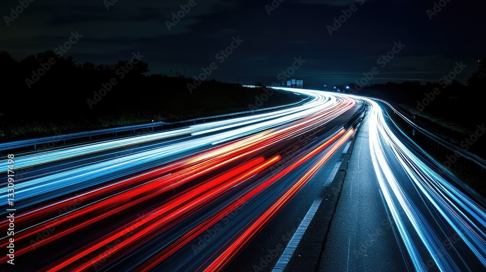 Poster long exposure shot of vibrant red and white light trails from passing vehicles on a busy highway at 