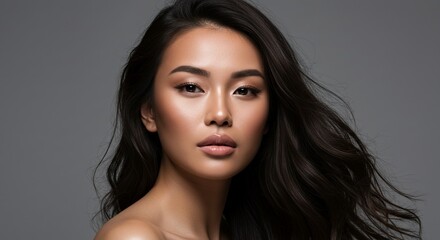 Naklejka premium A beautiful brunette woman with elegant makeup and a natural look in a close-up studio portrait