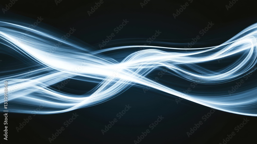 Poster soft blue and white light trails forming a wave-like pattern, creating a futuristic and tech-inspire