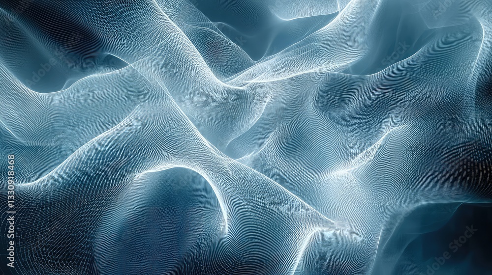 Poster soft blue and white light trails forming a wave-like pattern, creating a futuristic and tech-inspire
