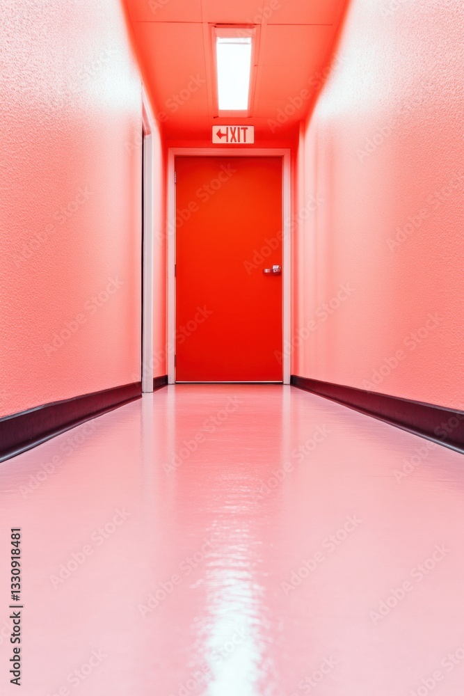 Poster Minimalist Emergency Design Vibrant Monochromatic Safety Corridor with High-Contrast Exit Pathway - Urban Architecture and Critical Infrastructure Visualization