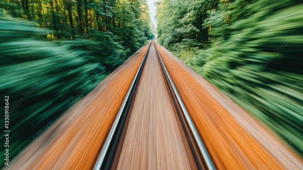 Aufkleber Eco-Velocity Dynamic High-Speed Rail Innovation Visualizing Sustainable Transportation through Immersive Motion Blur in Lush Green Forest Corridor