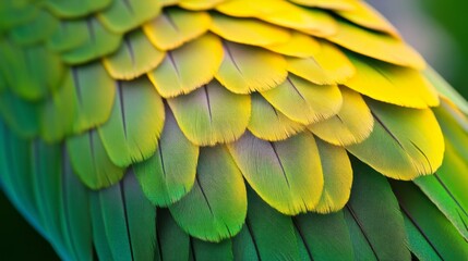 Fototapeta premium Vibrant green and yellow feather close-up for nature and wildlife design