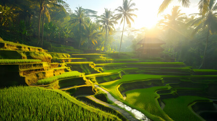 Lush Green Rice Terraces Under Bright Sunlight in Rural Landscape Bali Indonesia