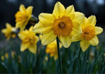 Bright Yellow Daffodils with Water Droplets. Cheerful Spring Blooms. Ideal for gift shops, greeting card companies, and event planners