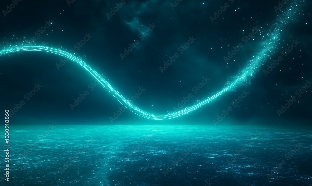 Poster vibrant abstract wave of glowing particles in a dark, cosmic atmosphere.