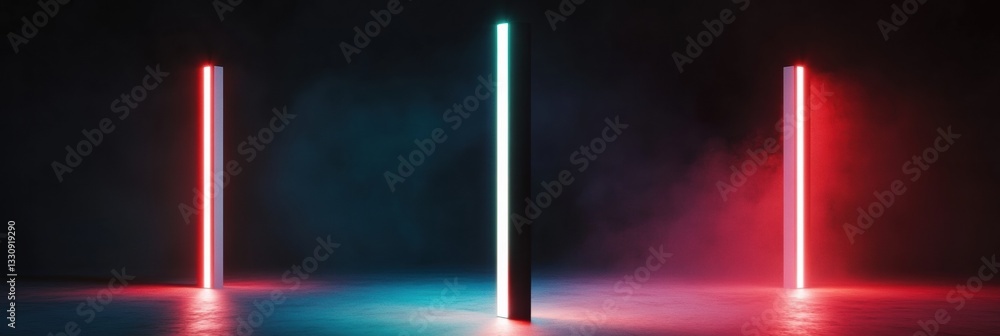 Poster cyberpunk minimalist light sculpture neon vertical luminaires revealing digital aesthetic with immer
