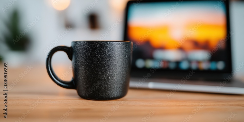 Aufkleber minimalist digital nomad workspace sleek black mug and blurred streaming interface - hybrid work cul