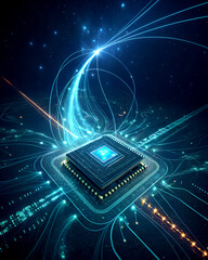 An abstract representation of quantum computing, with glowing qubits, entangled particles, and a futuristic quantum processor, set against a dark cosmic space with flowing streams of data and light.